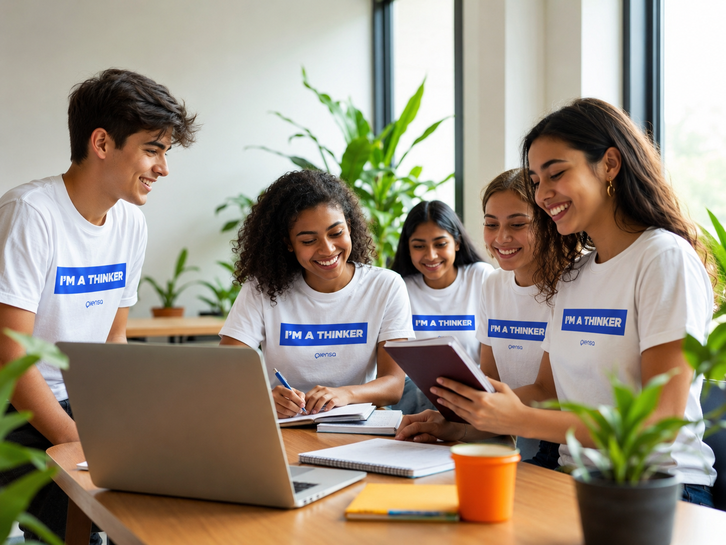 Grupo de estudiantes adolescentes colaborando con camisetas de Piensa I'm a Thinker en un salón de clases moderno