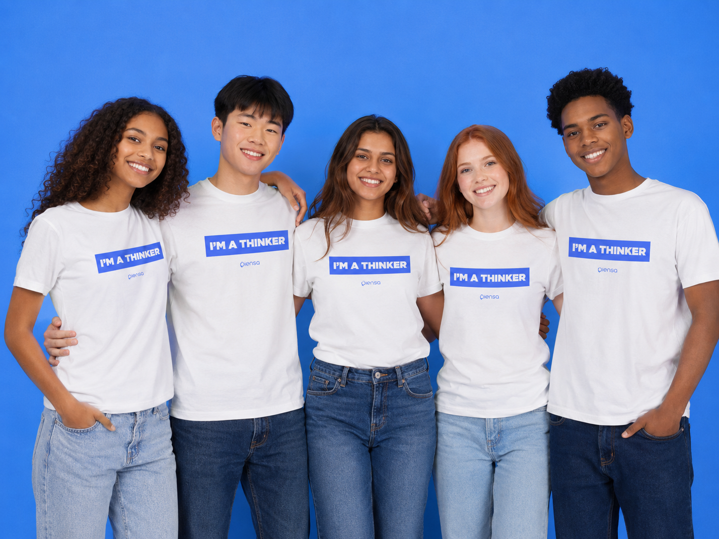 Grupo de adolescentes diversos sonriendo con camisetas de Piensa que dicen I'm a Thinker